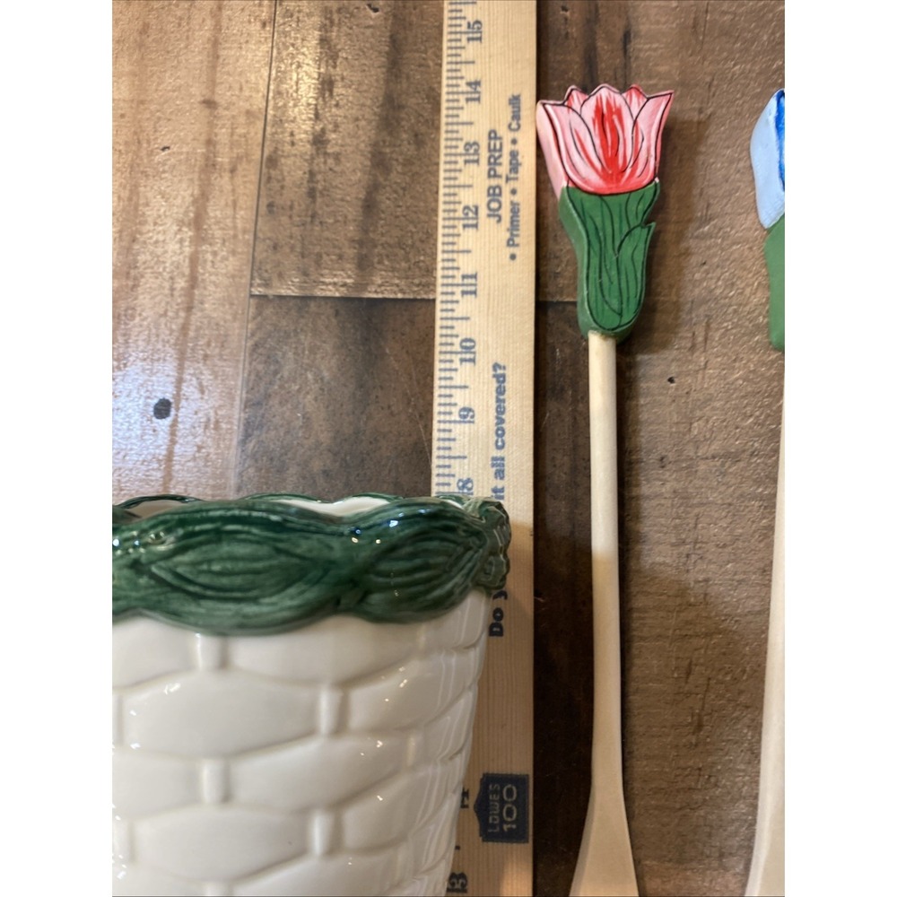 Wooden Cooking‎ Utensil 6 Hand Painted Flower Handle Ceramic Basket Tool Holder - Picture 9 of 16